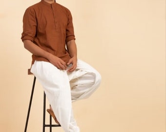 YOGI Mens Indian  Khadi Cotton Yoga and Meditation Cloth Set, Natural Plant Dyed  Breathable  Straight Trousers with Drawstring,Khadi Kurta