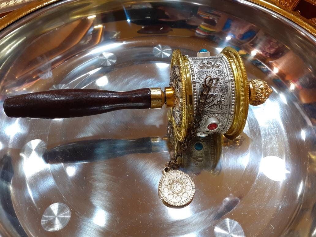 Tibetan Buddhist Prayer Wheel Display Stand - Gold Alloy Holder Base For Hand Held Prayer Wheels (Wheel NOT Included)