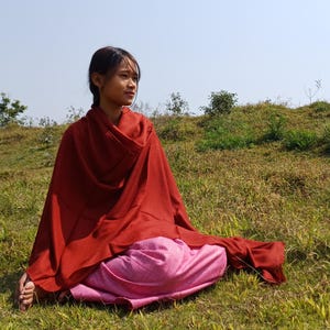 Pode incluir: Uma mulher sentada em uma colina gramada vestindo um xale vermelho e uma saia rosa. Ela está olhando para o lado.