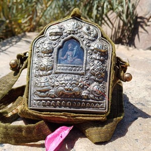 Antique AMITABHA BUDH Tibetan Ghau Shrine,Pocket Tibetan Buddhist Altar,VintagePortable Travel Tibetan Repousse,CopperSilver Ghau Prayer Box