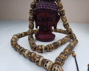 Rosario tibetano budista de gran tamaño con 52 cuentas, tallado a mano, raro, de cráneo de yak, collar étnico de hueso/joyería, rosario tántrico de oración con calavera.
