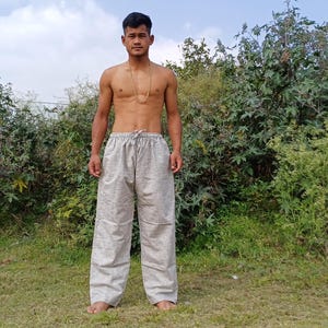 YOGI Mens Natural Indian Khadi Cotton Yoga Pants,Two Pockets Breathable Gym Straight Trousers,Flexible Drawstring Loose Boho Hippie Pant