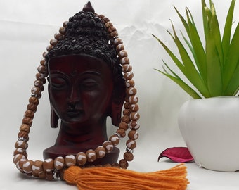 Spirituele hout Mala, handgeschilderde kralen, hand geknoopte ketting, buddist Tibetaanse gebed accessoires, hindoe mantra chanten, meditatie tools