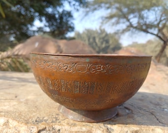 Antique Rare Handmade Copper Carved Tibetan Buddhist Shrine Prayer/Offering Bowl,Sacred Buddhist Figural Ceremonial Item,Buddhist Artifact