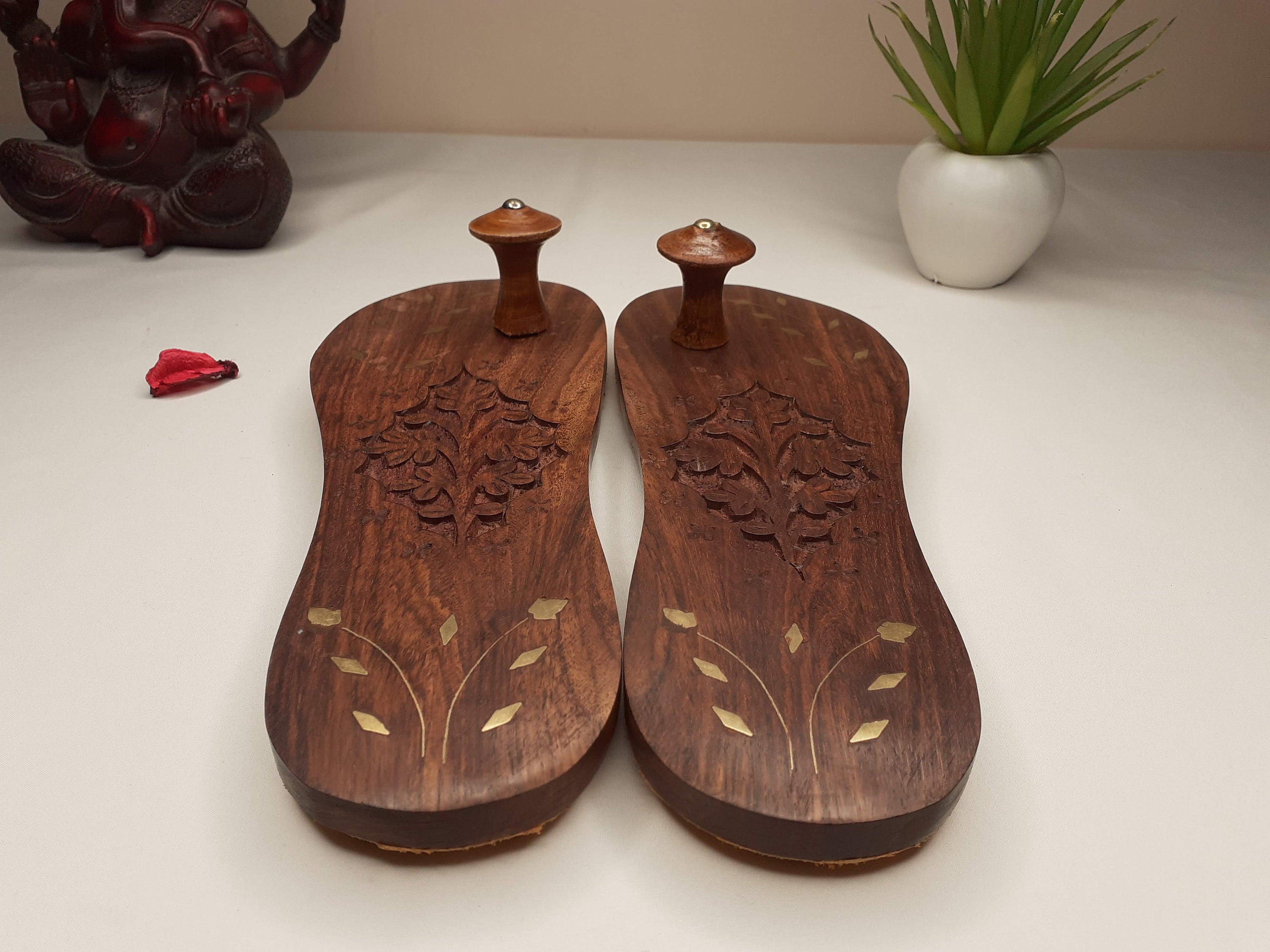 Himalayanyogishand Carved Traditional Wooden Slippers Wooden Charan Paduka With Brass Designed for Yogis Wood Meditation Sandals Etsy