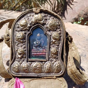 Antique AMITABHA BUDH Tibetan Ghau Shrine,Pocket Tibetan Buddhist Altar,VintagePortable Travel Tibetan Repousse,CopperSilver Ghau Prayer Box