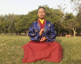 Maßgefertigte Baumwollbrokat-Layman-buddhistische Meditations-Robe-Sets, Zen-Gebetskostüm im Klosterstil, spirituelle Tempelkleidung des tibetischen Mönchs