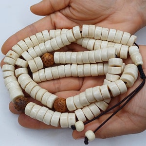 108 Handcarved Original Tibetan Yak Bone/Bodhi Beads Meditation Mala,Disc Shaped Ethnic Bone Jewellery,Tibetan Buddhist Prayer Bone Rosary