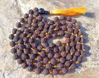 Hand-Knotted 8mm Lab Certified Black 5 Mukhi Rudraksha Mala,Sacred Natural Seed Rosary For Chanting,Meditation,Healing,Rudraksha Necklace