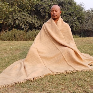 CHANDRA Large Thick Handspun/Handwoven Khaki Pure Himalayan Yak Wool Blanket,Oversize Yak Meditation Shawl,Ethnic Indian Yak Prayer Blanket