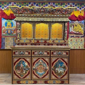 Handcarved Foldable Wooden Tibetan Buddhist Altar Cabinet,Tibetan Prayer Alter Table,Tibetan Buddhist Altar Desk with Auspicious Symbols,