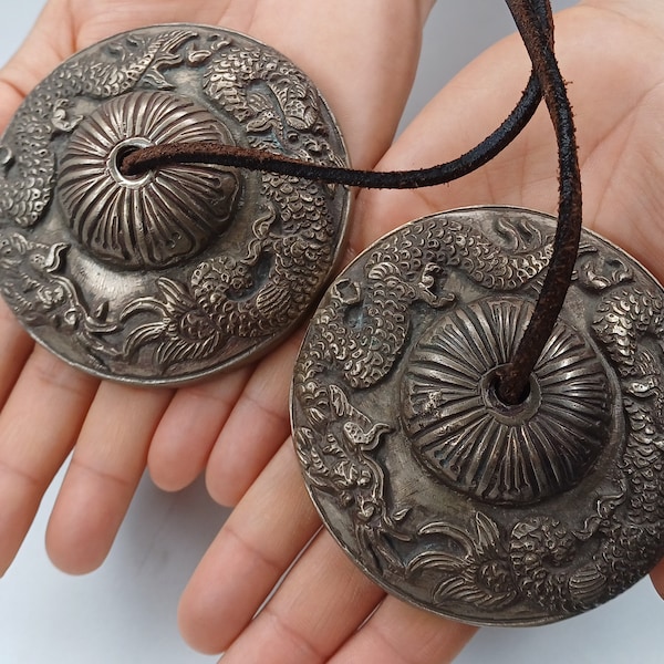 Vintage Rare Authentic Large Dragon Carved Tibetan Tingsha Bells,Handmade Tibetan Buddhist Ritual Cymbal,Yoga Meditation Sound Healing Tool