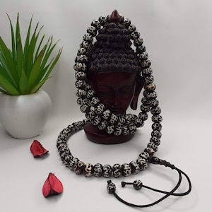 108 Vintage Handcrafted Tibetan Buddhist Mantra Inscribed Bone Beads,Restrung Tibetan Meditation Mala,Bone Necklace,Buddhist Prayer Beads