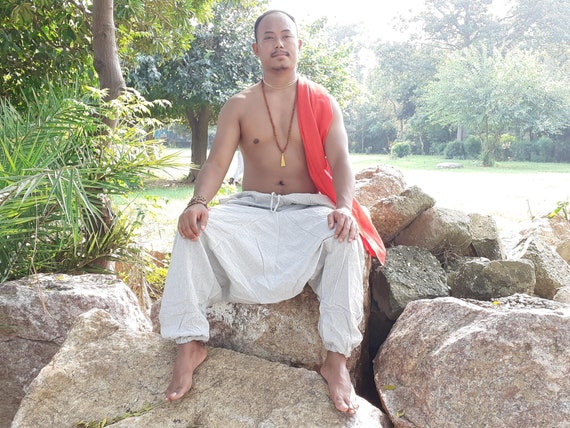 YOGI Mens Cotton Yoga Pants Natural Plant Dyed Pockets Yogi Breathable Gym  Straight Trousers Flexible Drawstring,khadi Loose Harem Cloth 