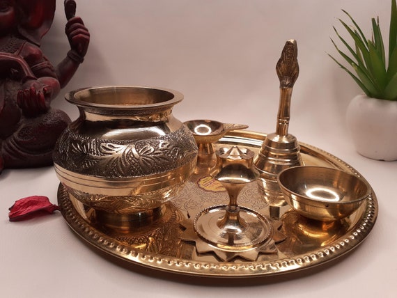 6 Piece Handicrafted Decorative Brass Pooja Thali Set for Altar ,brass  Decor for Mandir,ethnic Puja Items,bhog Plate for Indian Festival 