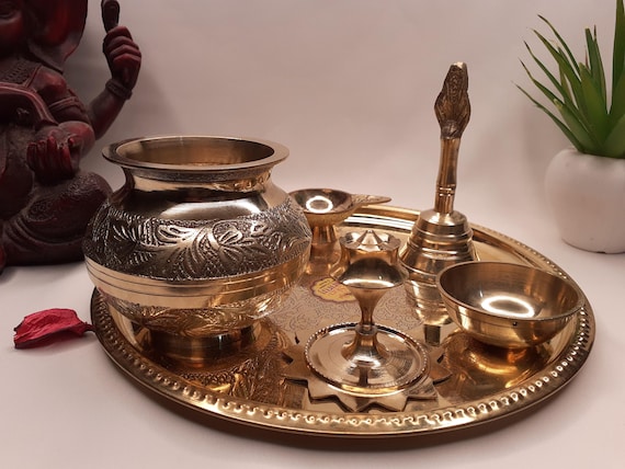 Buy 6 Piece Handicrafted Decorative Brass Pooja Thali Set for Altar ,brass  Decor for Mandir,ethnic Puja Items,bhog Plate for Indian Festival Online in  India 