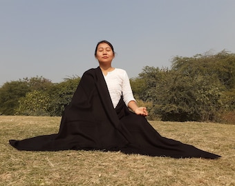 Handwoven Solid Black Pure Pashmina Wool Meditation Shawl,Cashmere Pashmina Prayer Blanket, Himalayan Cashmere Scarf, Pashmina Wool Wrap