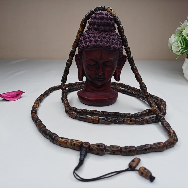 108 perles d'os de crâne sculptées à la main, mala de méditation en os, collier en os antique, bijoux ethniques en os, mala d'os de crâne de prière bouddhiste tibétain,