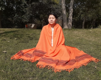 Traditional Handwoven Orange Himalayan Sheep Wool Meditation Shawl,Ethnic Indian Blanket,Himalayan Wrap,Wool Indian Shawl,Kullu Shawl