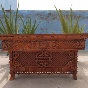 Medium Size Buddhist Auspicious Symbols Handcarved Foldable Wooden Tibetan Buddhist Altar,Zen Meditation Altar,Prayer Table,Wood Alter Table