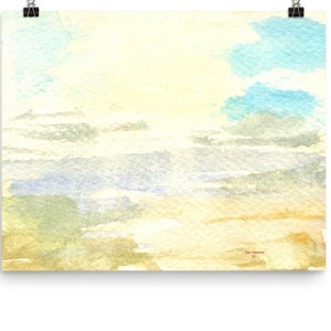 Puede incluir: Pintura abstracta de acuarela con tonos de azul, verde y amarillo. La pintura representa un paisaje con nubes y un horizonte. La firma del artista es visible en la esquina inferior derecha.