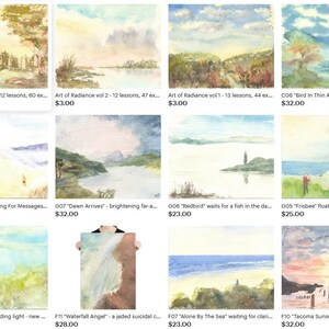 May include: A collection of 10 watercolour paintings depicting various landscapes, including seascapes, forests, and mountains. The paintings are framed and displayed on a white background. The titles and prices of each painting are listed below the image.