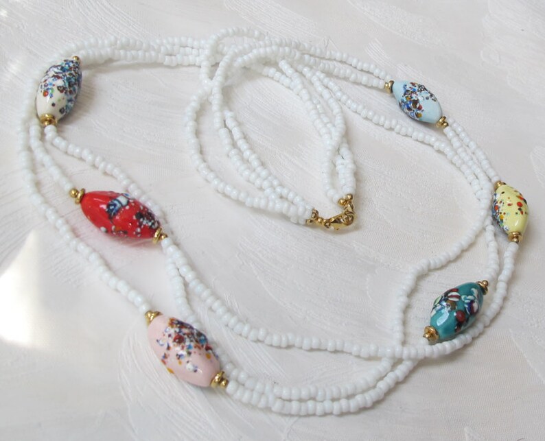 Vintage Jewelry 1980s Torsade. Boho Summer Necklace Gift for women Ethnic Mid century 3 Strands Enamel Necklace Colored Beads