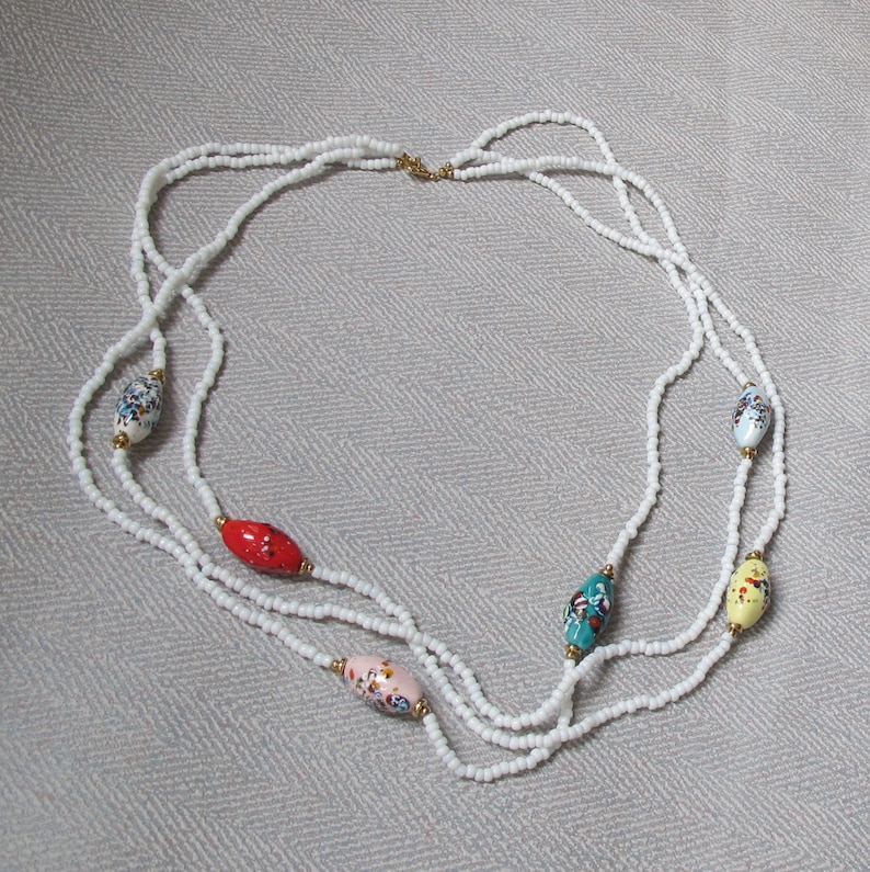 Vintage Jewelry 1980s Torsade. Boho Summer Necklace Gift for women Ethnic Mid century 3 Strands Enamel Necklace Colored Beads