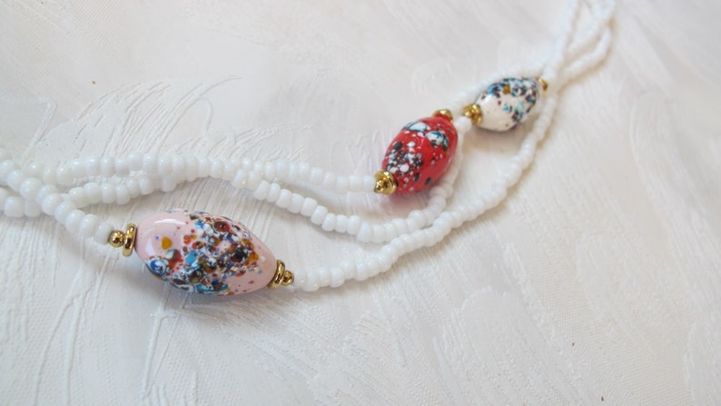Vintage Jewelry 1980s Torsade. Boho Summer Necklace Gift for women Ethnic Mid century 3 Strands Enamel Necklace Colored Beads