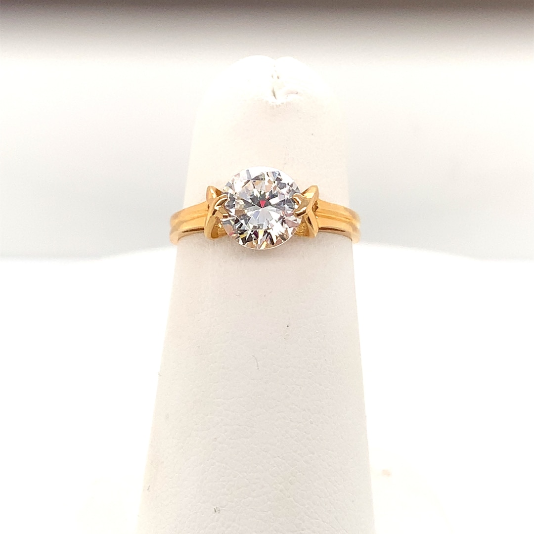 14K Solid Yellow Gold Round Solitaire Cubic Zirconia CZ Engagement Ring ...
