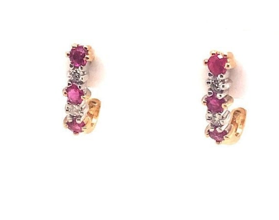 Genuine Diamond and Ruby Solid 14K Yellow Gold Hu… - image 1