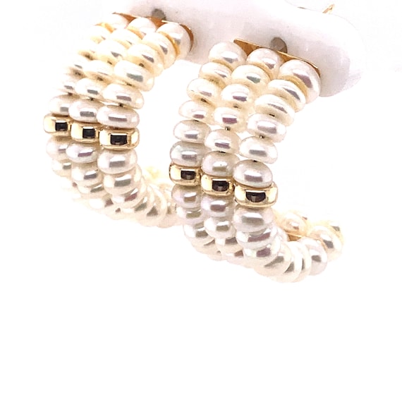 Vintage Triple Pearl and Yellow Gold Hoop Earrings