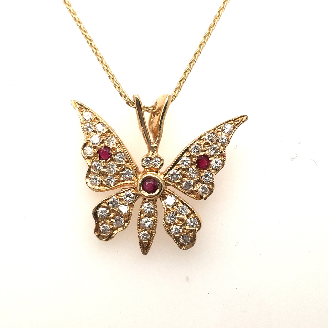 Diamond and Ruby Butterfly Pendant Necklace 14KT Yellow Gold Etsy