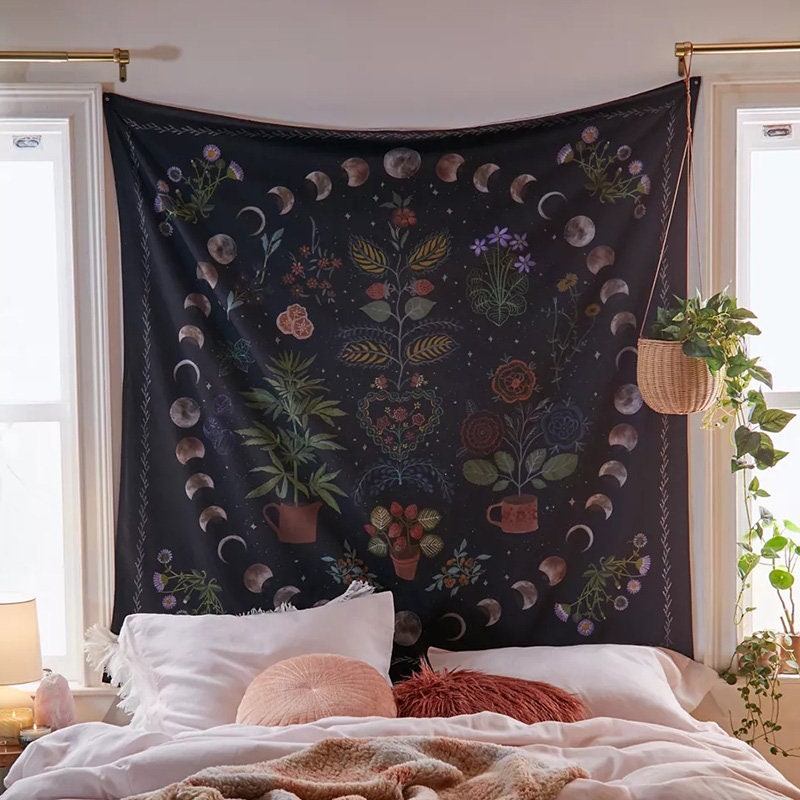 Moon Phase Botanical Tapestry, Moon and Garden Wall Hanging, Uni Room Tapestry , Free UK, US Delivery