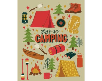 May include: A colourful illustration of camping equipment, including a red tent, a canoe, a campfire, a sleeping bag, binoculars, a lantern, a compass, a backpack, hiking boots, and a mug. The text "Let's go camping" is written in a bold, colourful font.