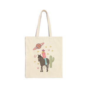 Cosmic Cowgirl Cotton Canvas Tote Bag - Space Cowgirl, Horse, Western Style Carryall, Celestial Rodeo Shoulder Bag,Galaxy Theme Market Bag