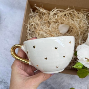 Mug with gold hearts Handmade 250 ml mug for cappuccino with 22k gold luster. White & Gold mug. Hand painted cup. Wedding ceramic mug