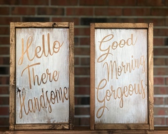 Hello There Handsome Good Morning Gorgeous Sign Set l Farmhouse Bathroom Sign l His & Hers Signs l Bathroom Decor l Framed Sign