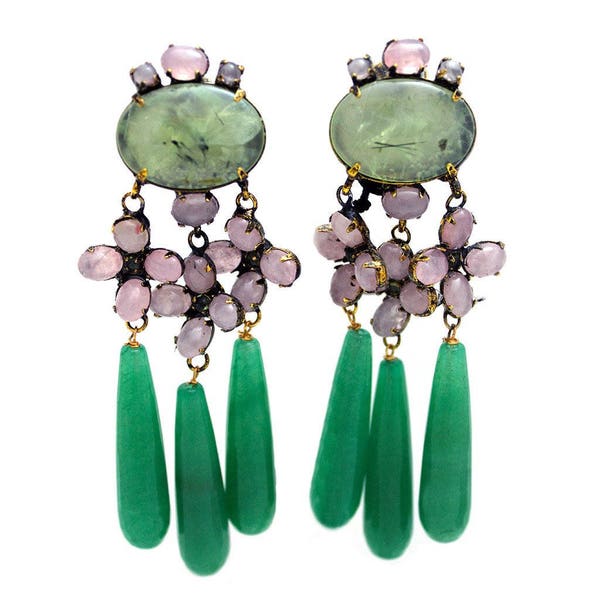 Roya SOHO - Iradj Moini Earrings with Rose Quartz and Aventurine, Crystal Earrings, Pink Earrings, Green Earrings, Clip on Earrings