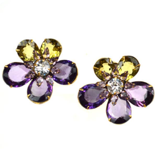 Amethyst and Citrine Flower Earrings by Iradj Moini, Large Statement Earrings, Clip on Earrings, Artisan Jewelry - Roya SOHO