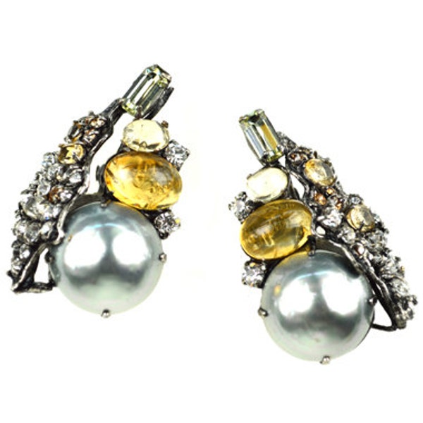 Grey Pearl Crystal Earrings with Citrine and Quartz, Earring Clips, Clip on Earrings, Cluster Earrings, Handmade by Iradj Moini