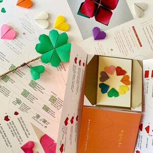top view of some origami do-it-together kits showing their instructions, diagrams and photos