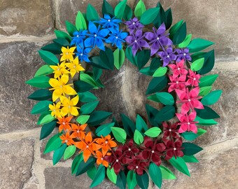 Origami Rainbow Wreath in premium paper for interior decor or apartment door LGBTQ welcome sign