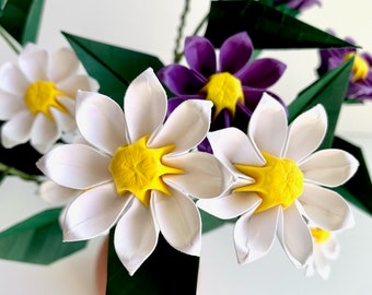 Bouquet of Daisies, Origami paper flowers, White and Purple Chrysanthemum