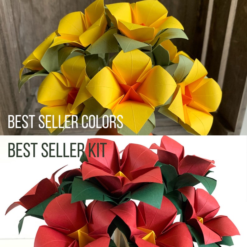 view of the origami flowers arranged in a vase comparing the two standard colors, the top view showing yellow flowers and the bottom view showing red flowers