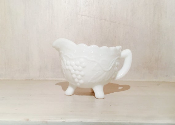 Vintage Milk Glass Sugar /& Creamer Set with Grape Vine Pattern Painted