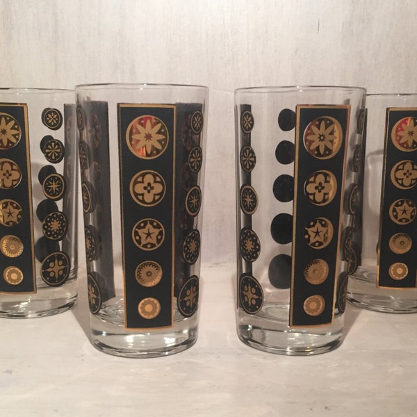 Vintage Mid-Century Gold Black Tumblers (Set of 4)