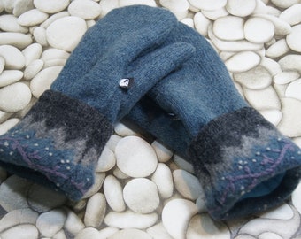 Made from recycled sweaters. Dark blue Wool mittens and light blue tweed
