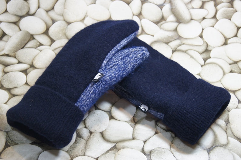 Made from recycled sweaters. Dark blue Wool mittens and light blue tweed