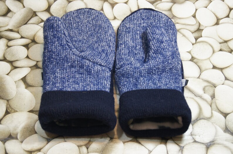 Made from recycled sweaters. Dark blue Wool mittens and light blue tweed